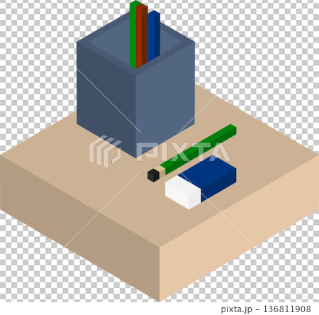 アイソメトリックで描かれたブロック風のペン立てと鉛筆、消しゴムのイラスト 136811908