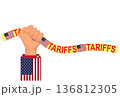 Raised hand holding American Tariffs barrier tape. 136812305