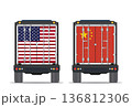 Rear view of a delivery truck featuring the national flags of the United States and China. 136812306