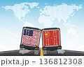 Vector illustration of delivery trucks rear view with United States and China flags 136812308