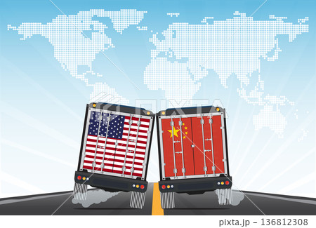 Vector illustration of delivery trucks rear view with United States and China flags 136812308