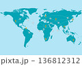World map with airplane flying along curved dashed route. 136812312
