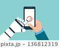 AI robot helping a man using a smartphone app. Future technology. 136812319