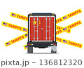 Cargo truck with the Chinese flag crashing into American Tariffs barrier tape. 136812320