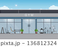 Gym building exterior with sports equipment in flat design style. 136812324