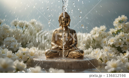 Buddha Statue Under Flowing Water with White Blossoms, Spiritual Cleansing Symbol 136812598