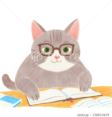ノートを開いて勉強する眼鏡をかけた猫 136812629