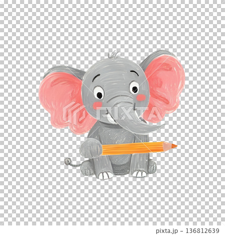 一頭大象拿著鉛筆，為正在考試的學生加油。 136812639