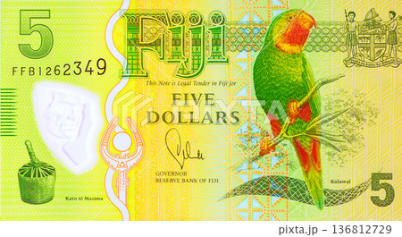 Five dollar polymer cash banknote from Fiji issue Reserve Bank of Fiji front side Five dollar polymer cash banknote from Fiji issue Reserve Bank of Fiji front side 136812729