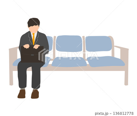 カバンを持って俯いて座るスーツの男性イラスト カバンを持って俯いて座るスーツの男性イラスト 136812778