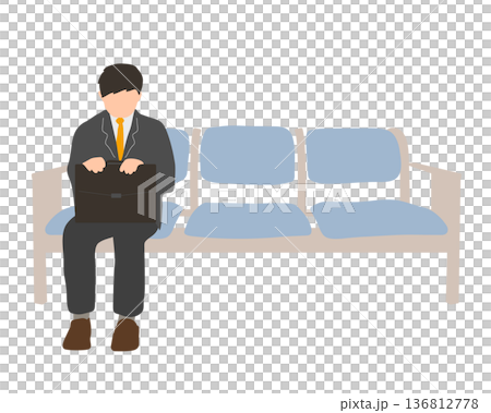カバンを持って俯いて座るスーツの男性イラスト カバンを持って俯いて座るスーツの男性イラスト 136812778