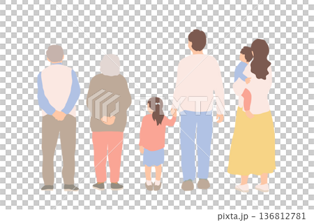 Illustration of a three-generation family standing side by side 136812781