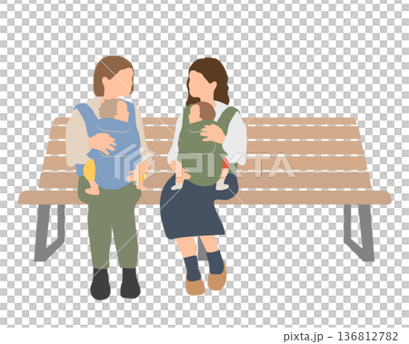 A conversation scene between mothers holding their babies on a bench 136812782