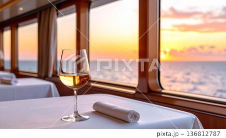 ワイングラス越しに眺める夕焼けの海とクルーズ旅の贅沢な時間 136812787