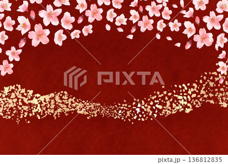 赤い和紙の背景に金箔と満開の桜をあしらった高級感のある和風背景イラスト 赤い和紙の背景に金箔と満開の桜をあしらった高級感のある和風背景イラスト 136812835