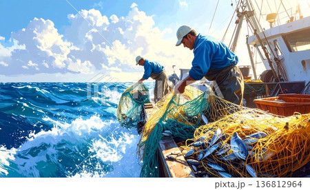 漁船の上で網を引き上げ魚や貝を漁獲する漁業作業風景 136812964
