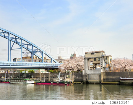 東京メトロ東西線江戸川第一橋梁と境川西水門のサクラ 136813144