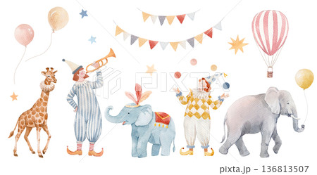 Large watercolor circus elements set with cute animals and clowns. Baby elephant, giraffe, lion, circus tent, balloons and garlands. Hand drawn kids clipart for nursery, baby shower and birthday. Large watercolor circus elements set with cute animals and clowns. Baby elephant, giraffe, lion, circus tent, balloons and garlands. Hand drawn kids clipart for nursery, baby shower and birthday. 136813507