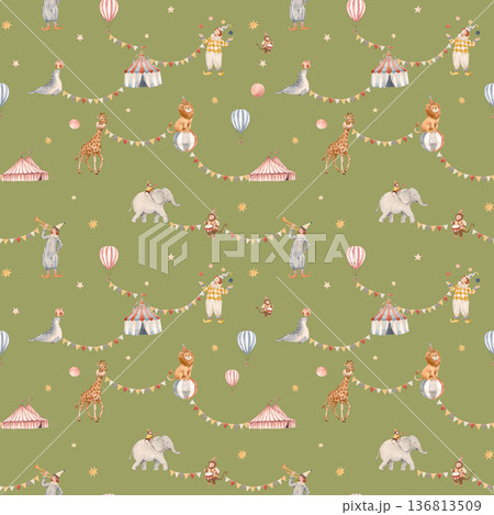Seamless baby circus watercolor pattern with cute animals and performers. Vintage carnival background with elephant, giraffe, clowns, circus tent, balloons and stars. Perfect for nursery decor 136813509