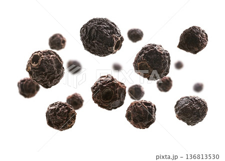 Dried hawthorn berries levitate on a white background 136813530