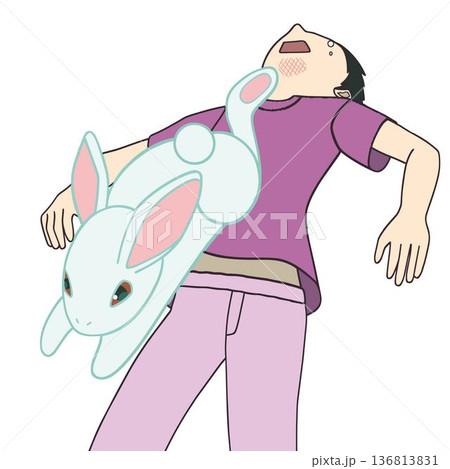 ウサギの後ろ足で顎を蹴られる男性の衝撃イラスト 決定的瞬間 136813831