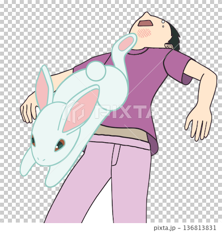 ウサギの後ろ足で顎を蹴られる男性の衝撃イラスト 決定的瞬間 136813831