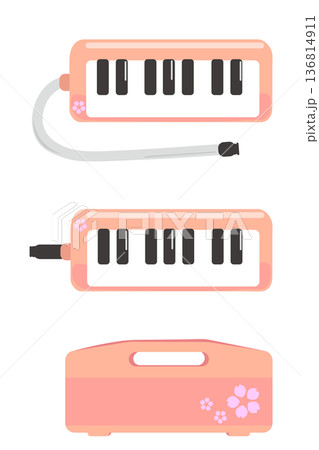 桜のデザインのピンク色の鍵盤ハーモニカのイラストセット 136814911