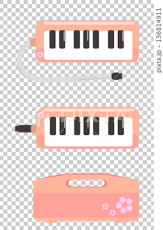 桜のデザインのピンク色の鍵盤ハーモニカのイラストセット 136814911