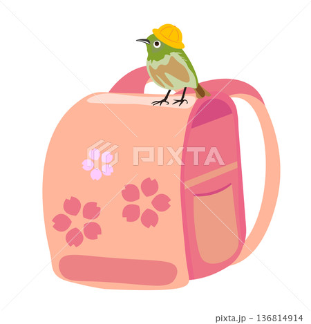 桜色のランドセルの上に立つ可愛いメジロのイラスト 136814914