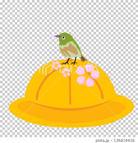 Illustration of a white-eye holding a cherry blossom petal on a yellow hat 136814916