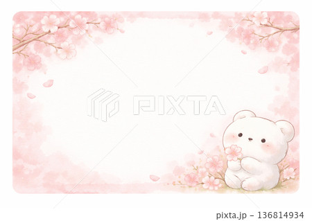 水彩風 桜のメッセージカード｜余白あり・かわいい白くまイラスト 136814934