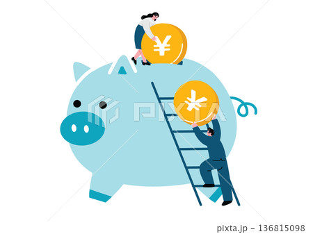 貯金箱とコインを持っているスーツ姿の男女 136815098