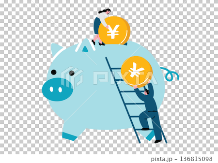 一男一女身著西裝，手裡分別拿著存錢筒和一枚硬幣。 136815098