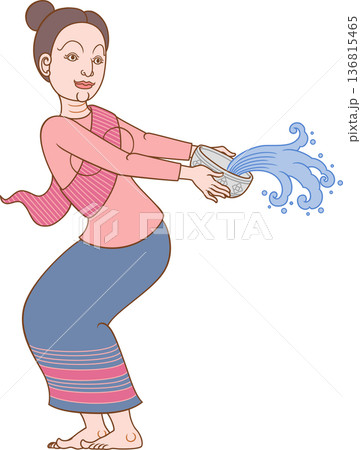 Illustration of a woman splashing water with water bowl in Songkran festival of Thailand in traditional Thai art style. 136815465