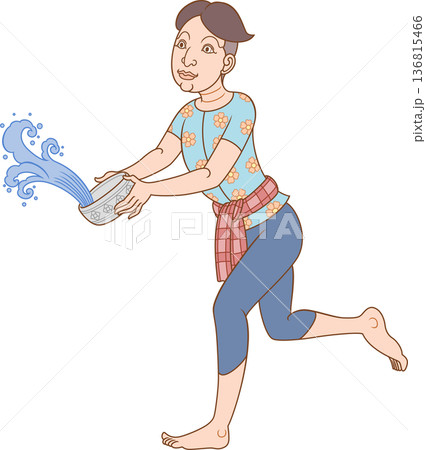 Illustration of a man splashing water with water bowl in Songkran festival of Thailand in traditional Thai art style. 136815466