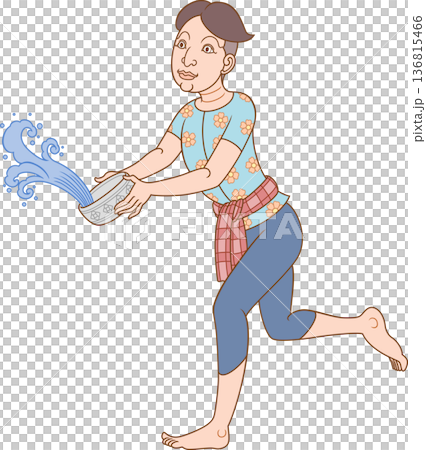 Illustration of a man splashing water with water bowl in Songkran festival of Thailand in traditional Thai art style. 136815466