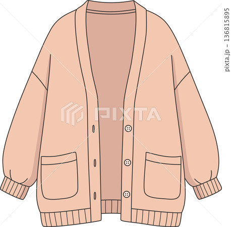 Minimalist Hand Drawn Illustration of an Oversized Peach Cardigan with Buttons and Pockets for Cozy Loungewear and Autumn Fashion Concept 136815895