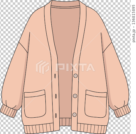 Minimalist Hand Drawn Illustration of an Oversized Peach Cardigan with Buttons and Pockets for Cozy Loungewear and Autumn Fashion Concept 136815895