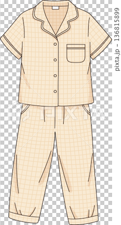 Minimalist Hand Drawn Illustration of a Cute Yellow Grid Pajama Set with Short Sleeve Button-Up Shirt and Matching Pants for Cozy Loungewear Concept 136815899