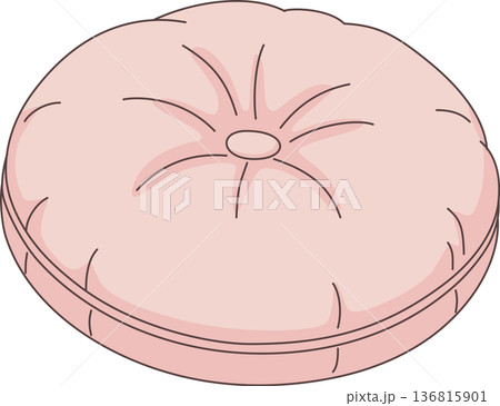 Minimalist Hand Drawn Illustration of a Pink Round Floor Cushion with Button Detail for Cozy Home Decor and Interior Design Concept 136815901