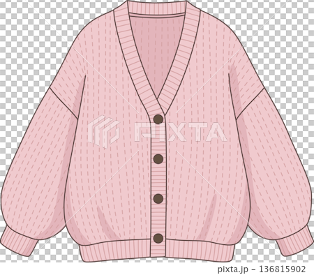 Minimalist Hand Drawn Illustration of a Pink Knitted Cardigan Sweater with Buttons and Texture for Cozy Loungewear and Casual Fashion Concept 136815902