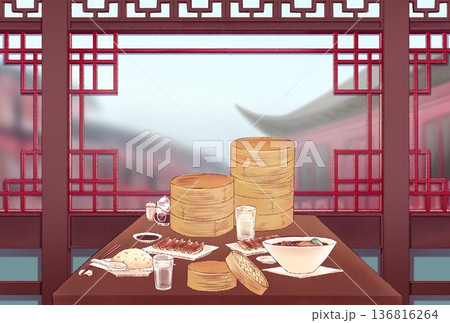 中華料理と中華風窓の風景 136816264