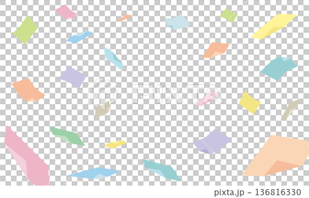 A pastel colorful background illustration with lots of colored paper flying around in pieces and copy space A pastel colorful background illustration with lots of colored paper flying around in pieces and copy space 136816330