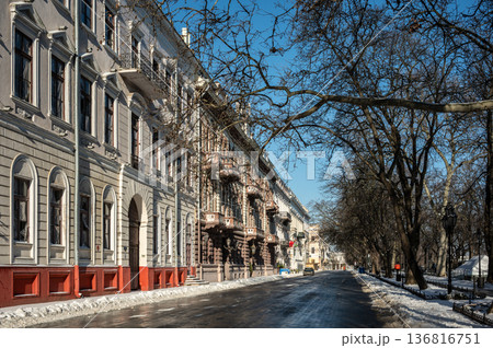 Snowy winter cityscape of UNESCO historic center of Odessa, Ukraine 136816751