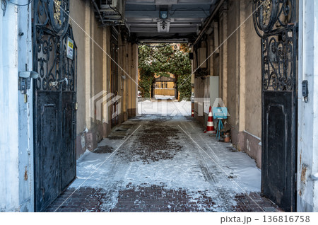 Snowy winter cityscape of UNESCO historic center of Odessa, Ukraine 136816758