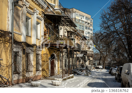 Snowy winter cityscape of UNESCO historic center of Odessa, Ukraine 136816762