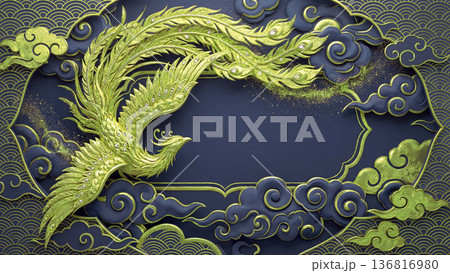 紺色の背景に金色の不死鳥と雲が立体的に施された豪華な装飾です。きらきらと輝く鳳凰の姿は、未来への希望 136816980