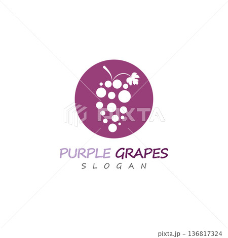 Purple grapes bunch with green leaf on stem illustration icon 136817324