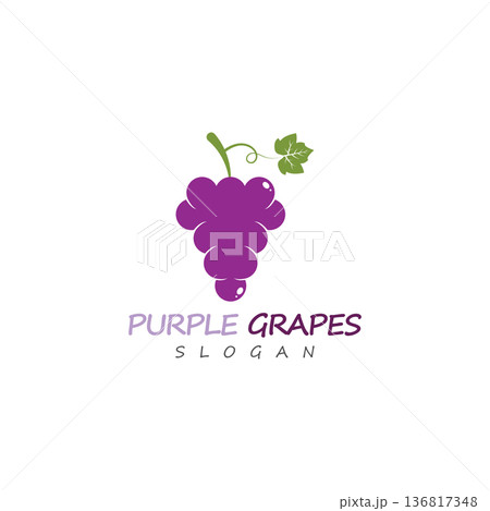 Purple grapes bunch with green leaf on stem illustration icon Purple grapes bunch with green leaf on stem illustration icon 136817348