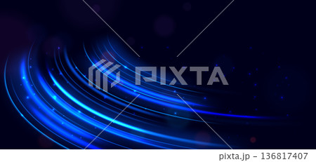 Blue light curved on dark blue background. Speed motion moving movement concept. Blue light curved on dark blue background. Speed motion moving movement concept. 136817407